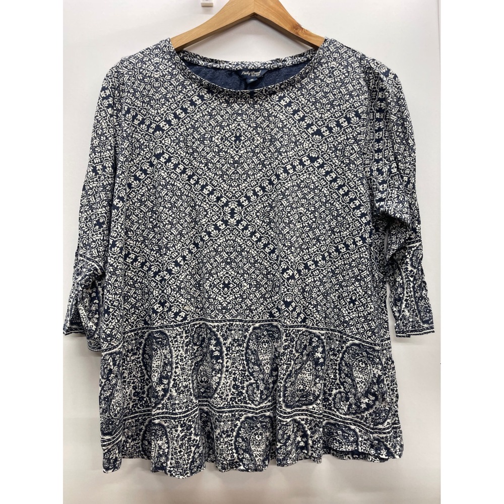 Lucky Brand Womens 1X Navy Blue White Paisley Block Print 3/4 Sleeve Top